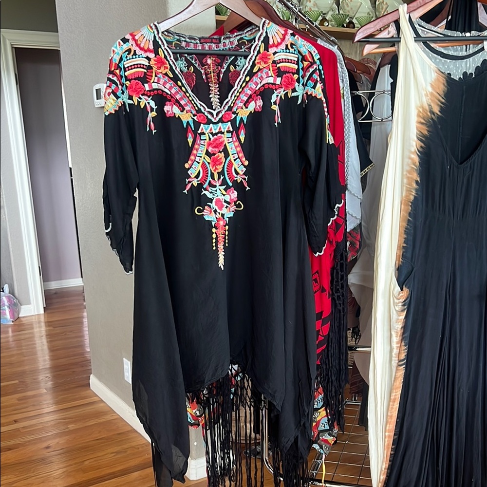 Johnny Was Black Asymmetrical Dress with Colorful Embroidery